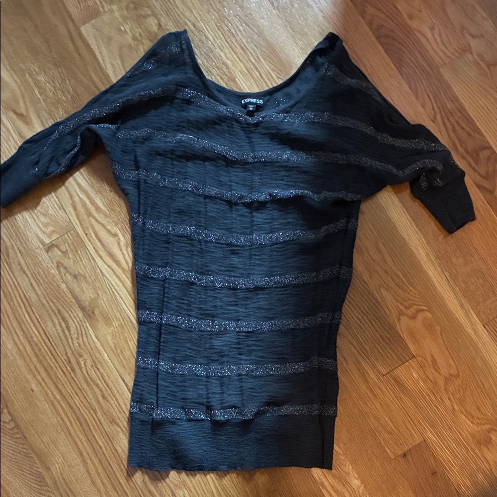 Express Gray and Silver Textured Cold Shoulder Shirt